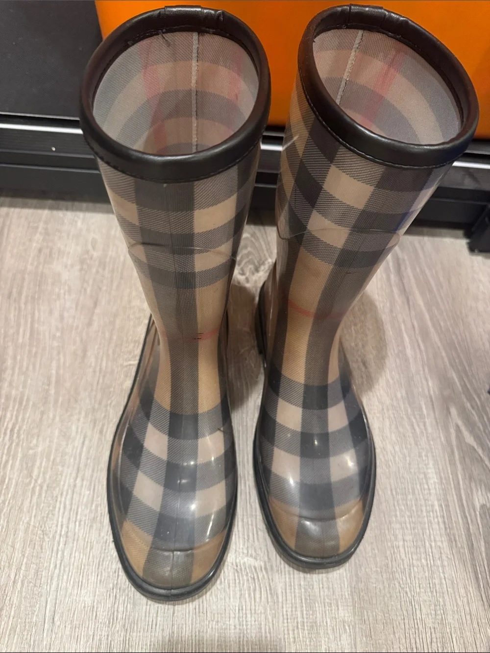 Burberry Tan Black Check Tall Rain Boots
